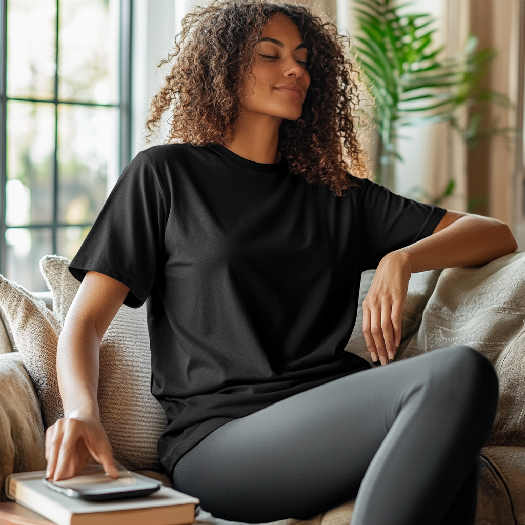 Woman in black t-shirt relaxes in cozy room.