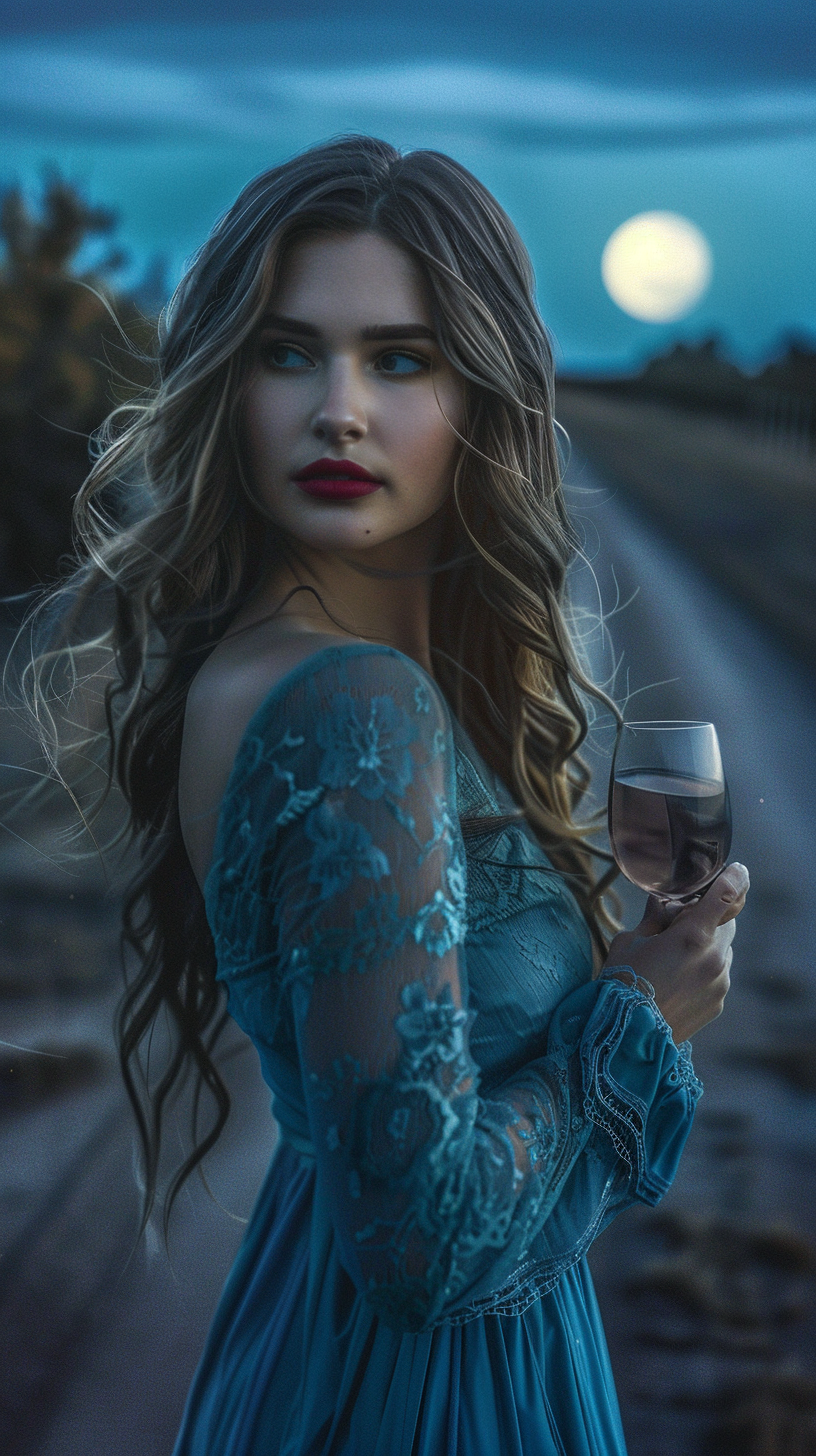 Woman in blue dress with red lips walks alone.