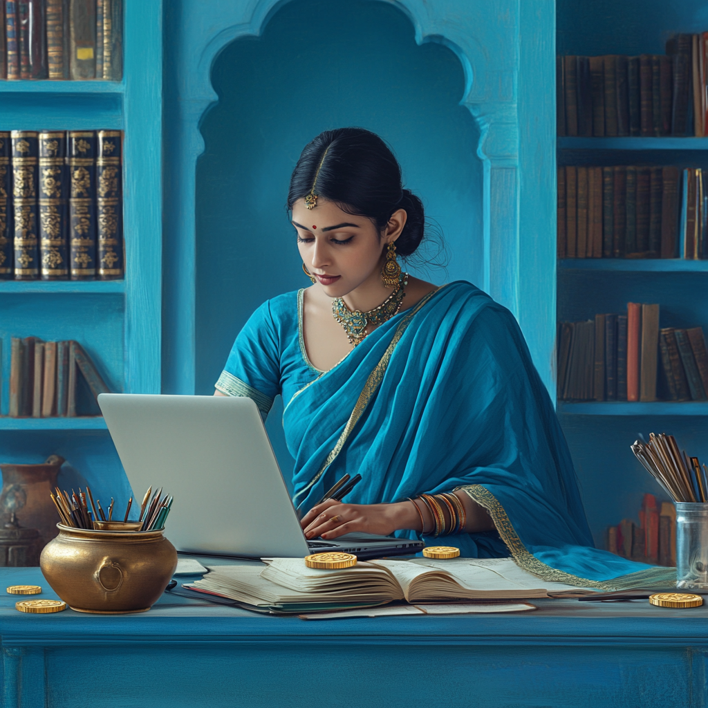 Woman in blue sari writing novel on laptop.