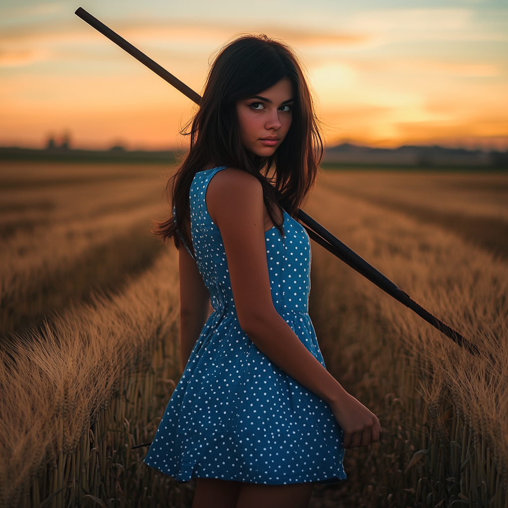 Woman in blue sundress in wheat field at sunset.