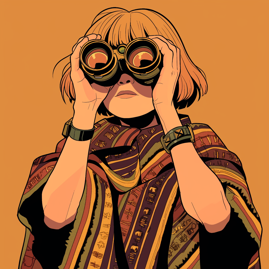 Woman in bob-cut, poncho, using binoculars in comic style.