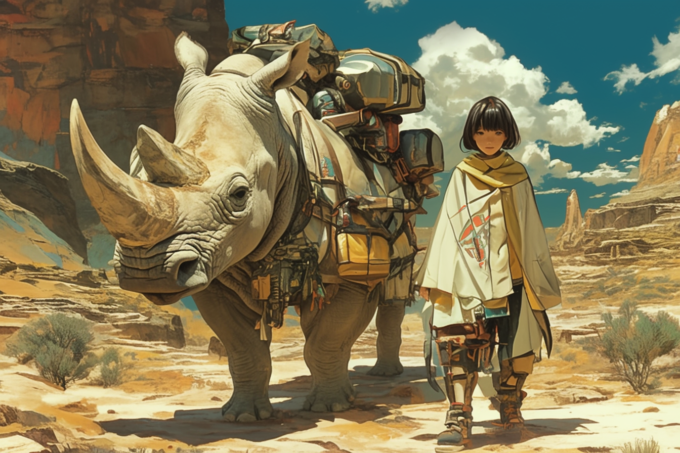 Woman in bob haircut and poncho walking with rhinoceros with robot parts.