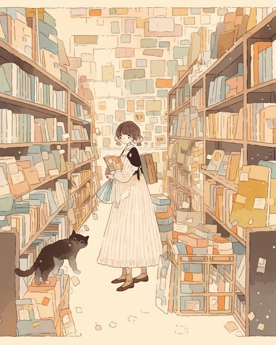 Woman in bookstore looking for book, cute illustration style.