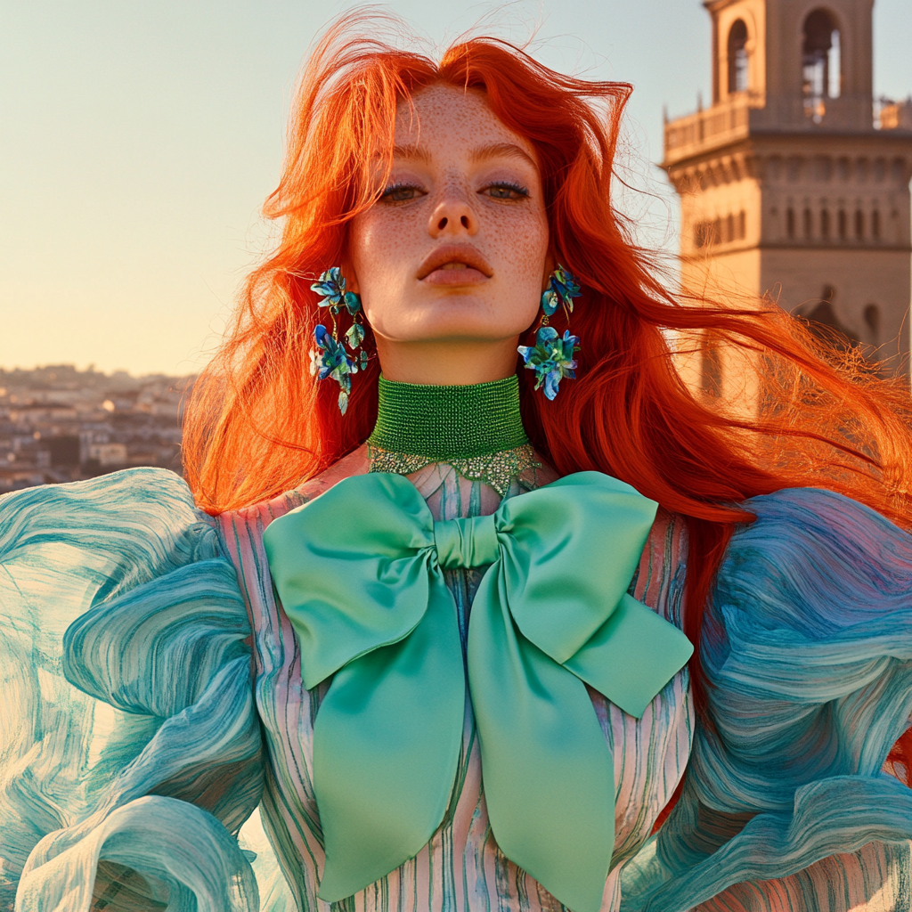 Woman in bright red hair and avant-garde outfit.