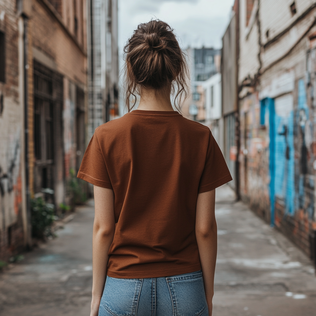 Woman in brown t-shirt in urban setting. Modeling mock-up.