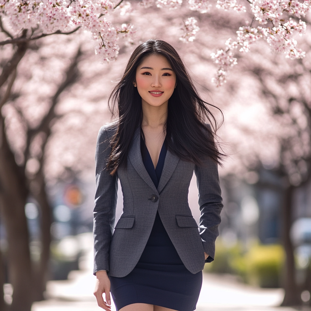 Woman in business district with cherry blossoms.