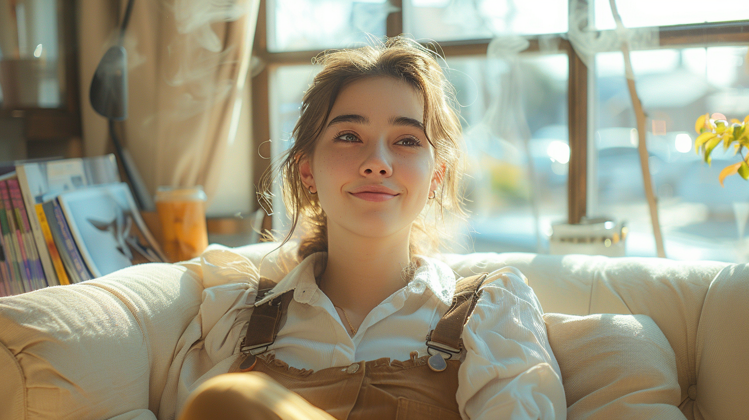 Woman in cafe in school uniform smiling by window.