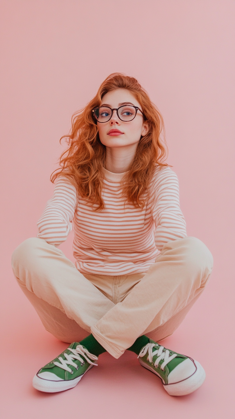 Woman in casual outfit sitting on pink background.