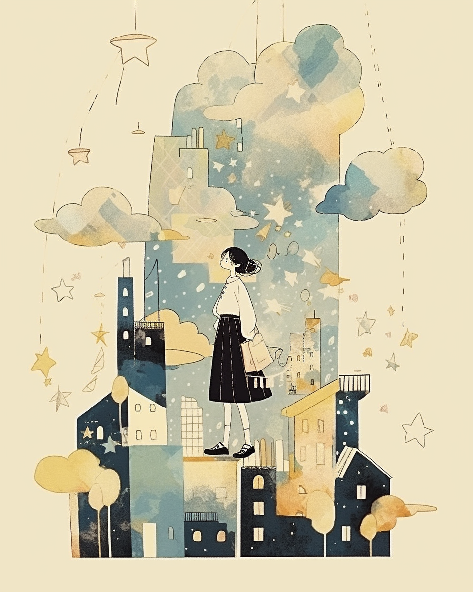 Woman in city looking up at sky illustration style.