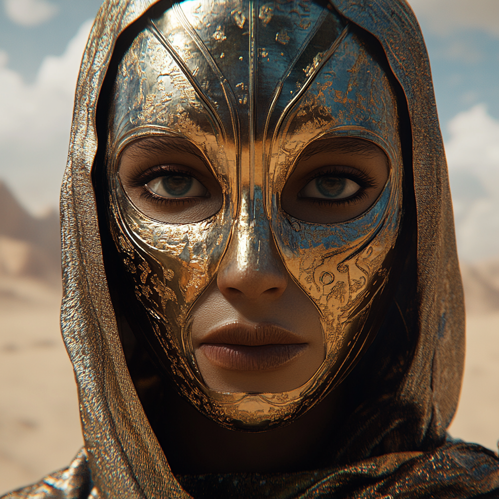 Woman in desert, detailed metallic face portrait, trending art.