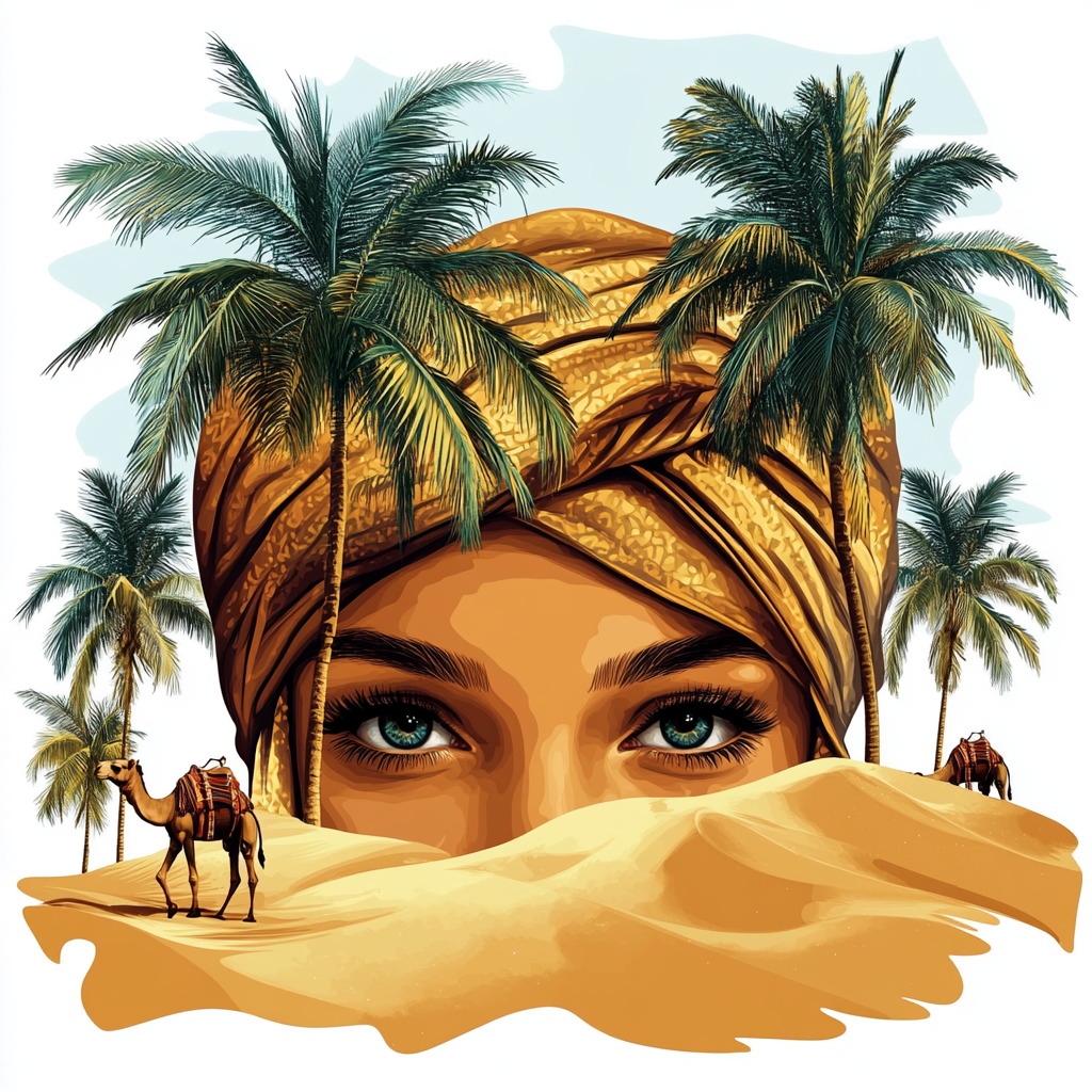 Woman in desert oasis surrounded by palms and camels.