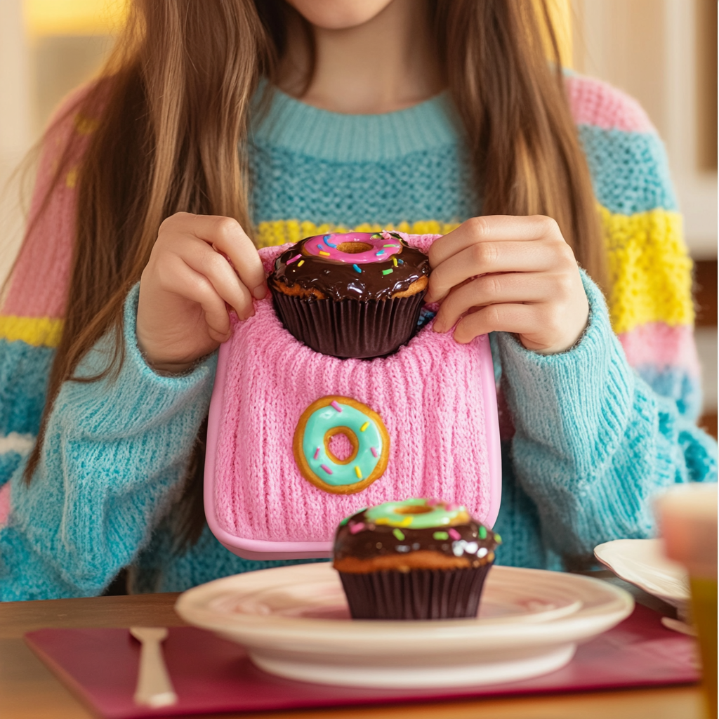 Woman in donut sweater pulls cupcake from purse.