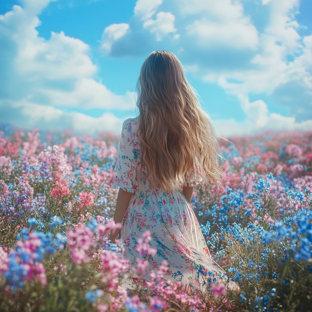 Woman in floral dress with wavy hair in field.