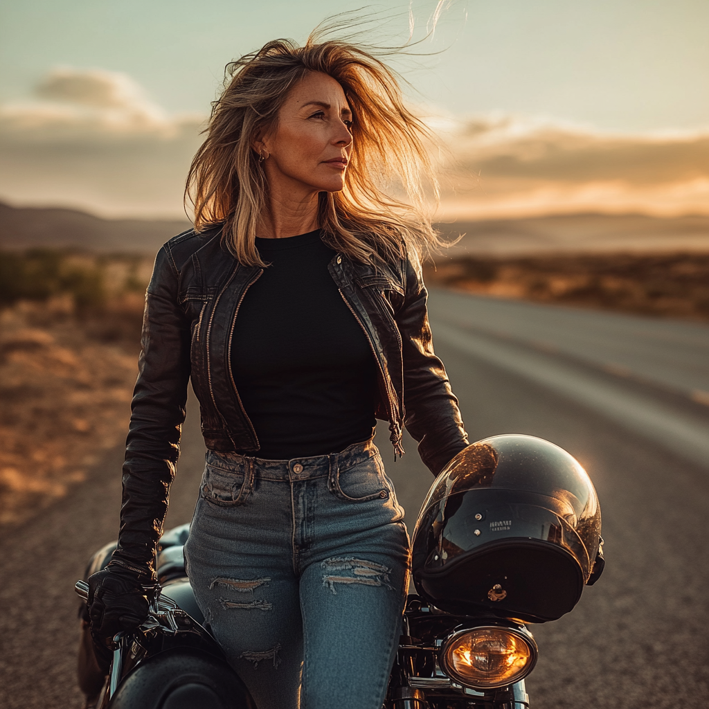 Woman in full black blank t-shirt, motorcycle, sunset