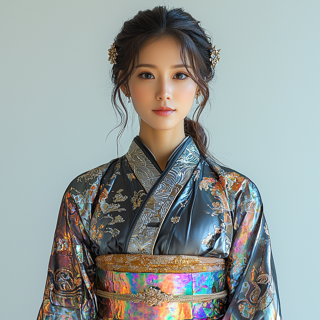 Woman in futuristic kimono with holographic material, hairpins.