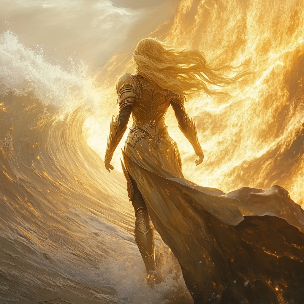 Woman in golden armor stopping wave with flames.