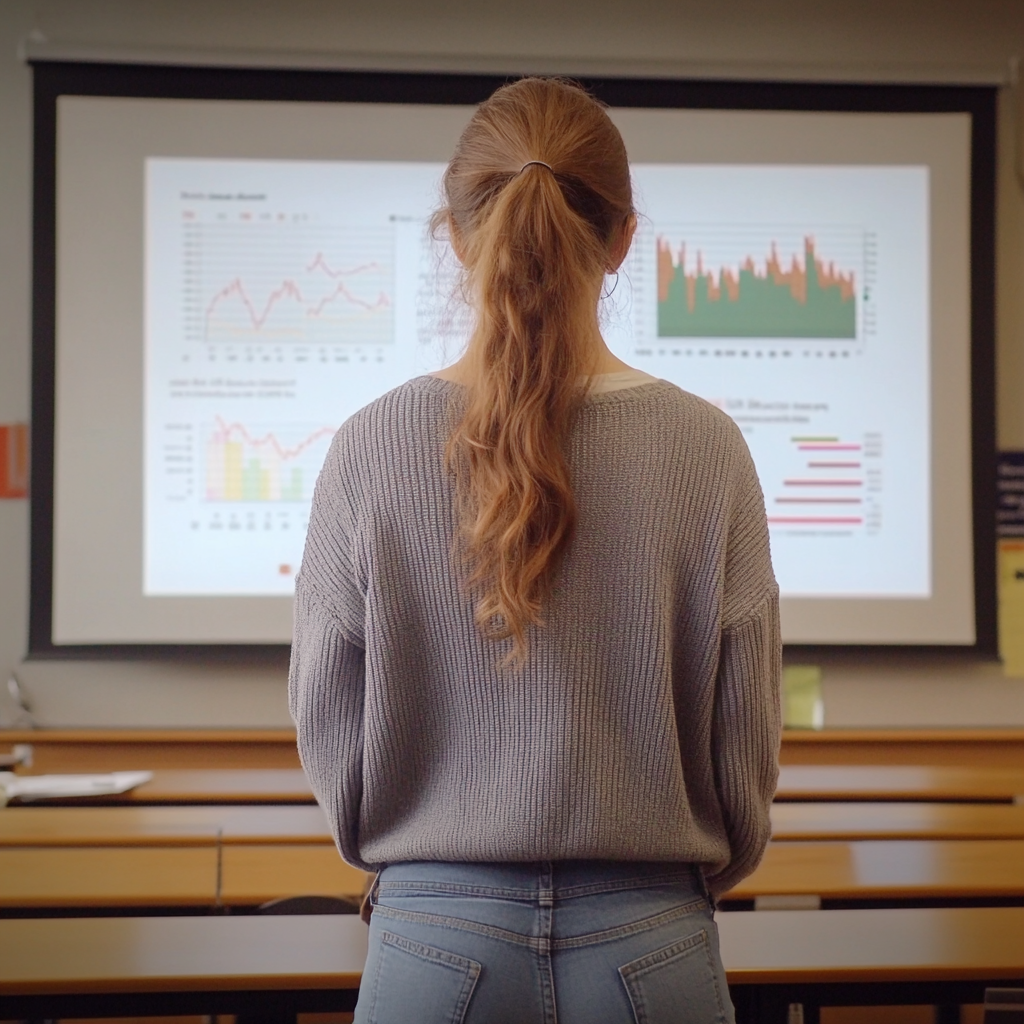 Woman in gray cardigan presenting graphs for PPT.