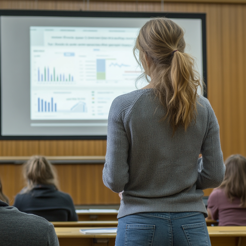 Woman in gray cardigan presenting graphs in university classroom.