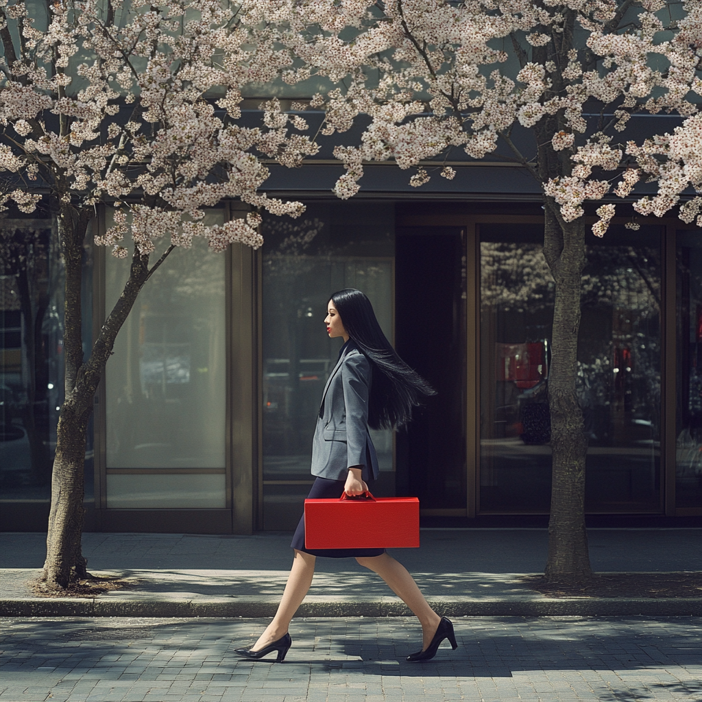 Woman in gray suit with cherry blossoms.