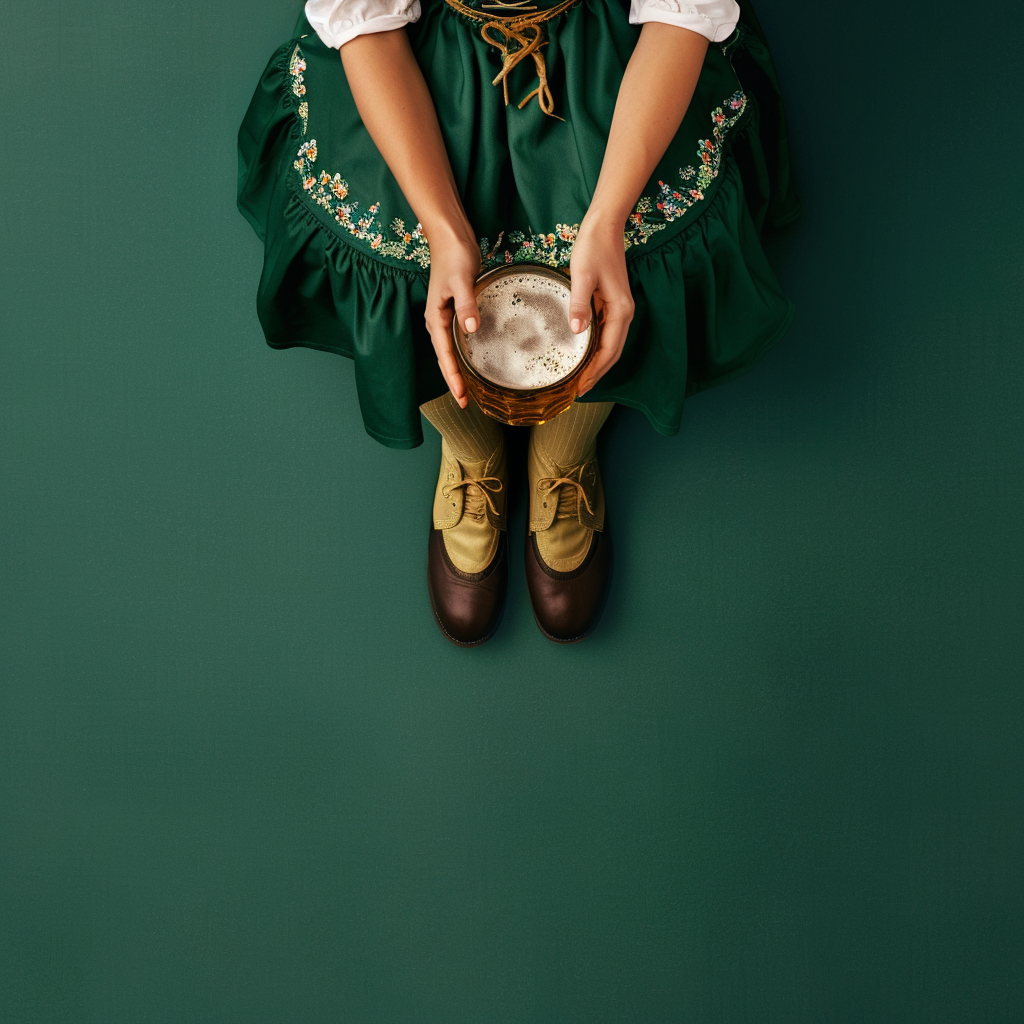 Woman in green dirndls holding Oktoberfest beer mug