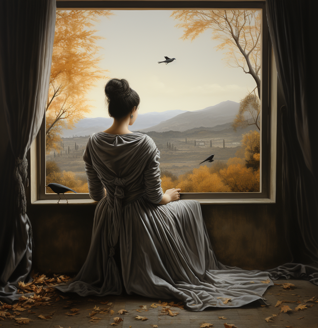 Woman in grey silk dress sitting with bird, autumn view.