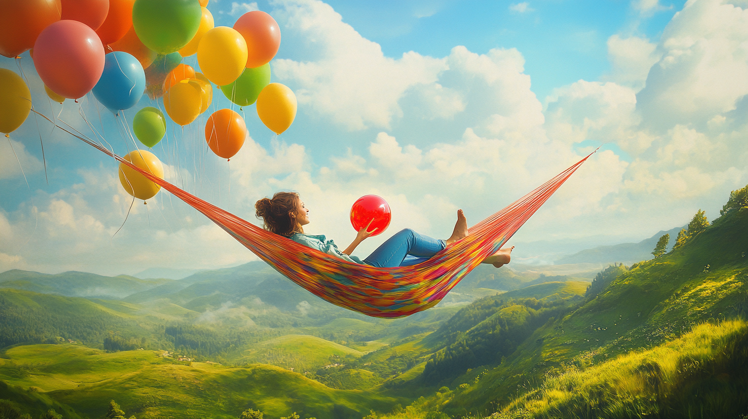 Woman in hammock held by balloons over landscape.