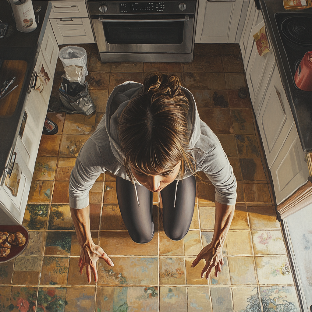 Woman in kitchen doing push-ups, looking fit and focused.