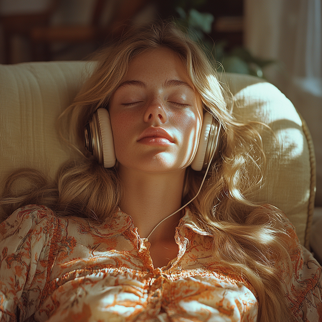 Woman in living room listening to classical music peacefully.