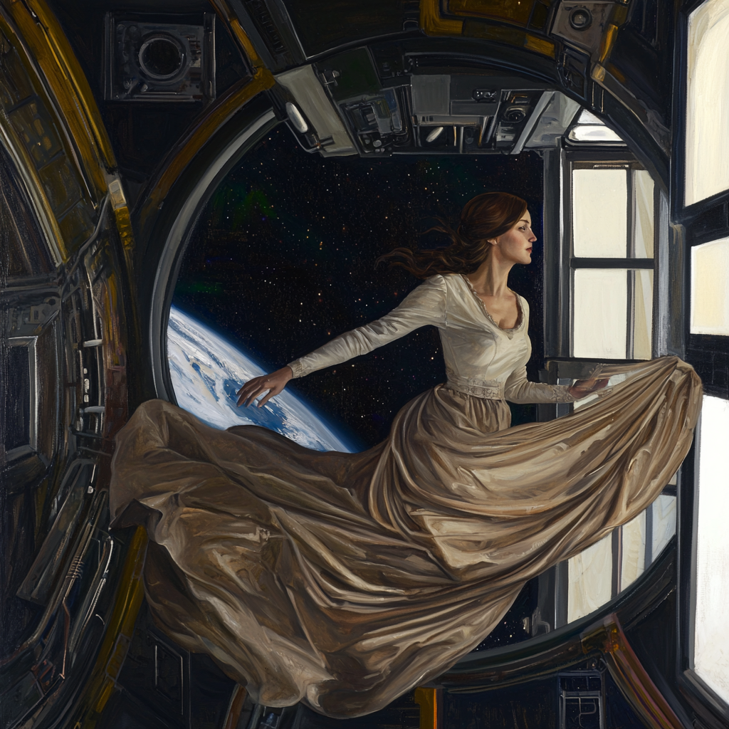 Woman in long dress floating in space station habitat.