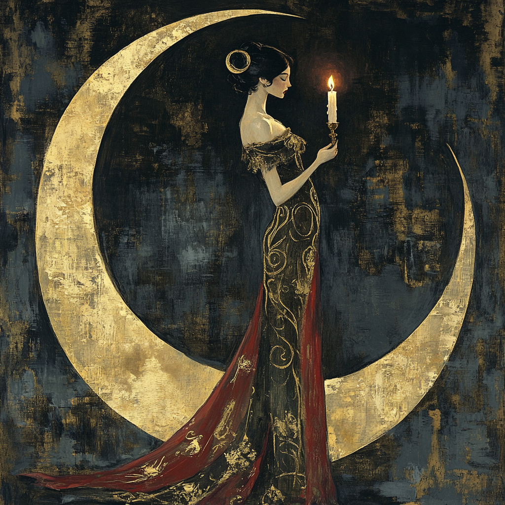 Woman in long dress holding candle on moon top.