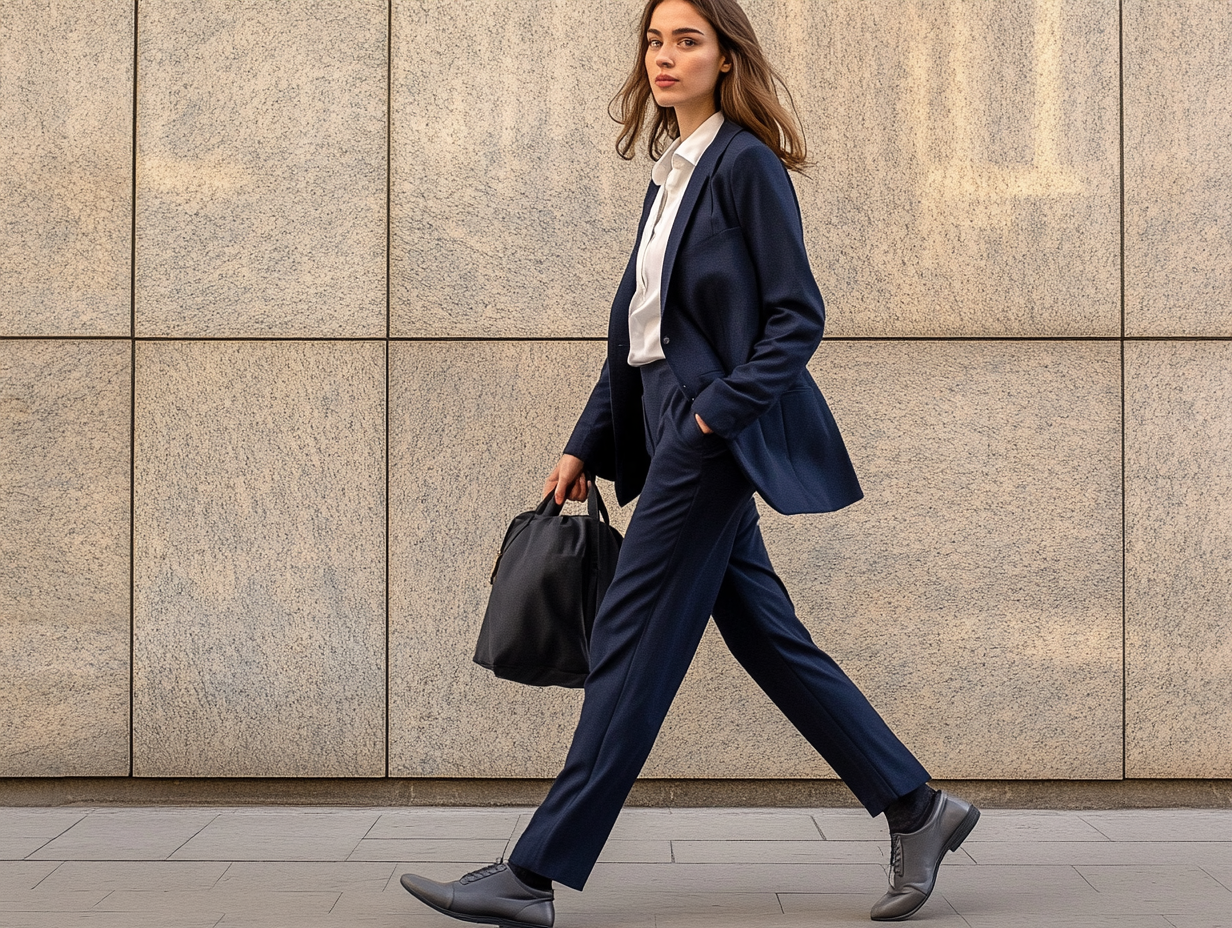 Woman in navy blue suit walking with bag.