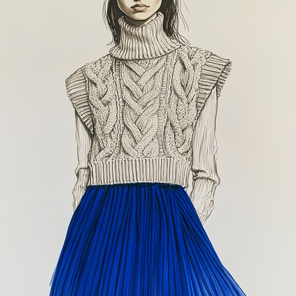 Woman in oversized cable knit vest, sleeveless turtleneck, blue pleated skirt.