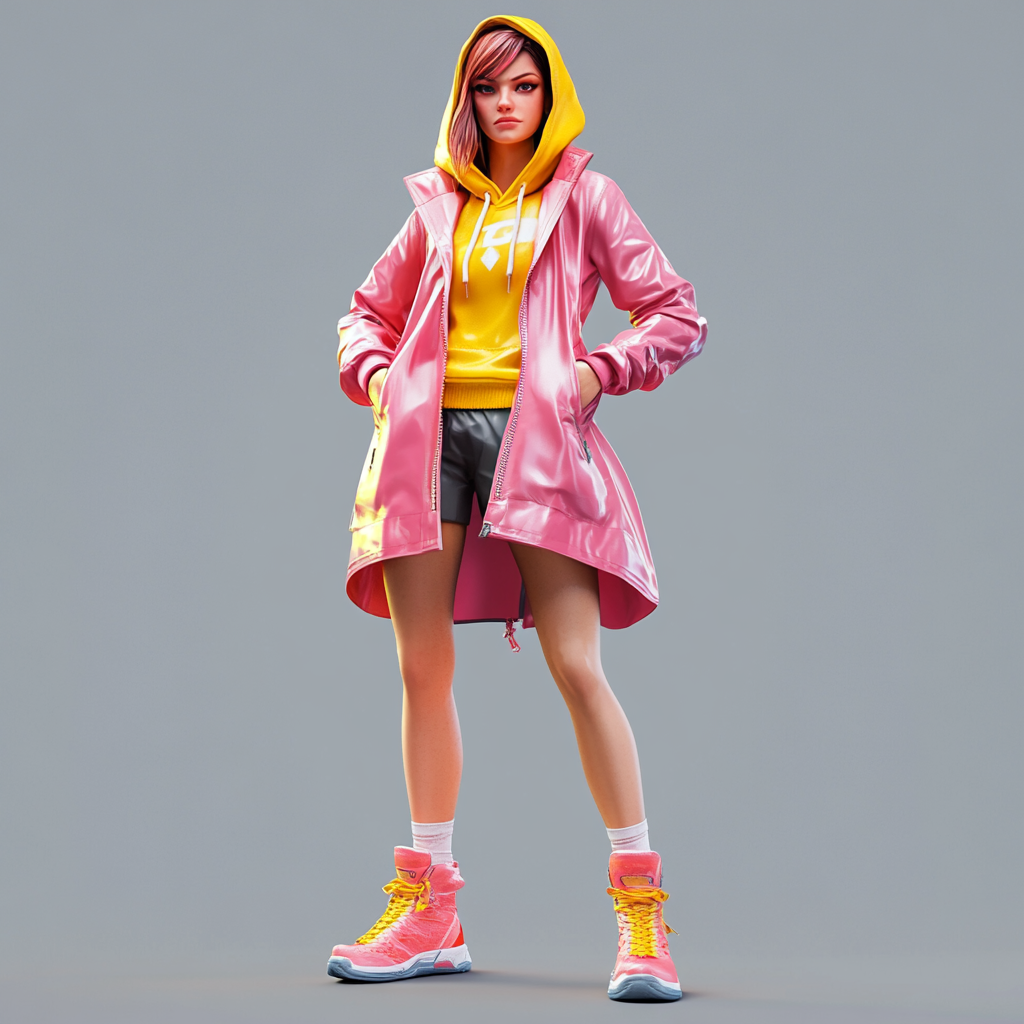 Woman in pink raincoat poses aggressively in 3D style.