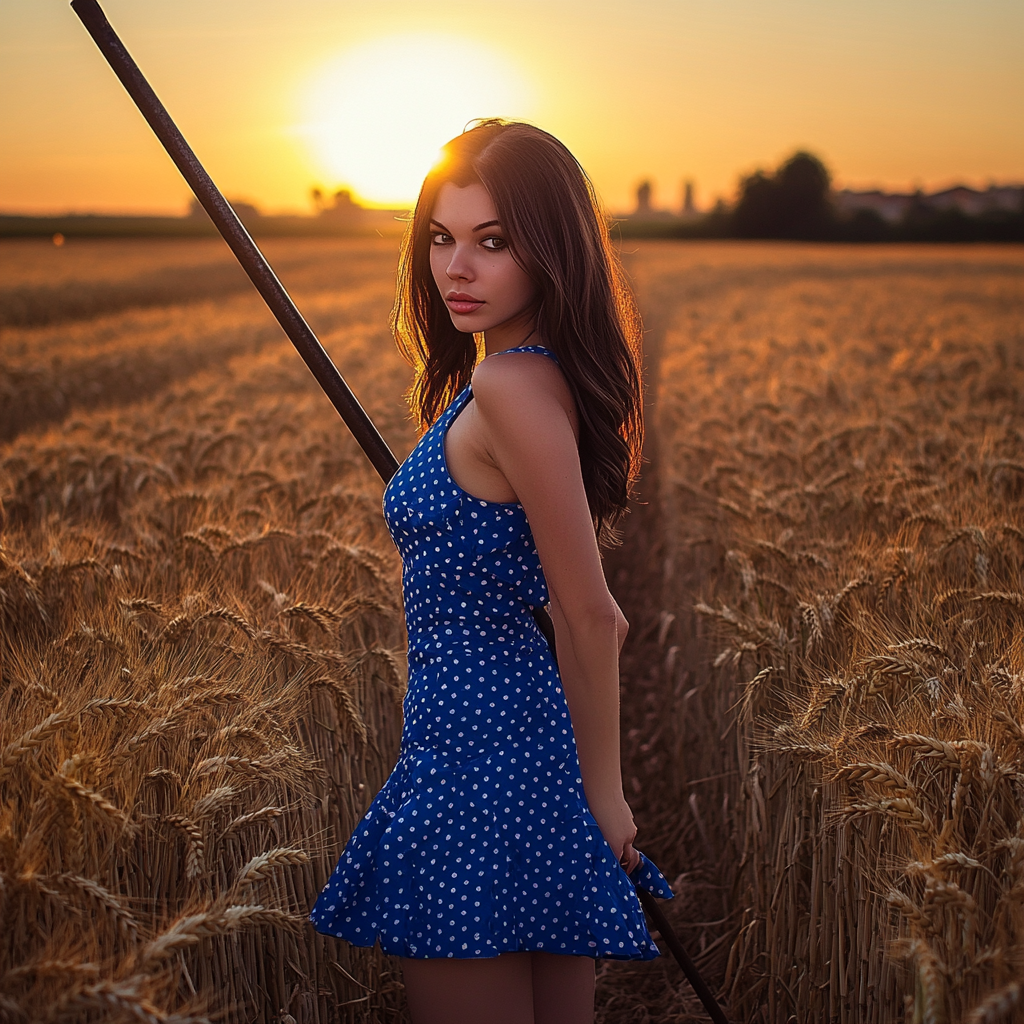 Woman in polkadot sundress hiding iron rod in wheat field.