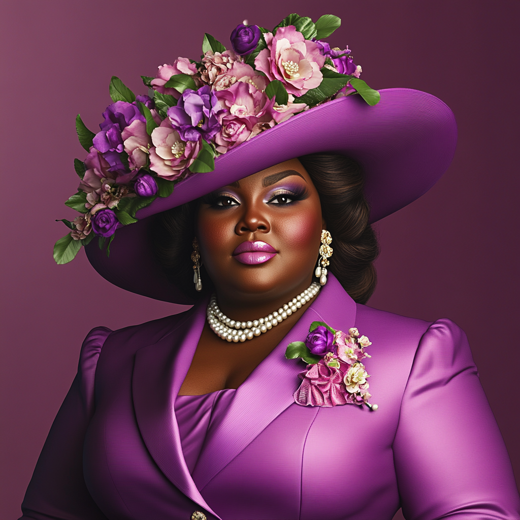 Woman in purple dress suit and flowered hat