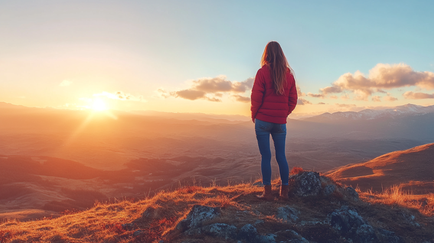 Woman in red and blue on hilltop at sunrise.