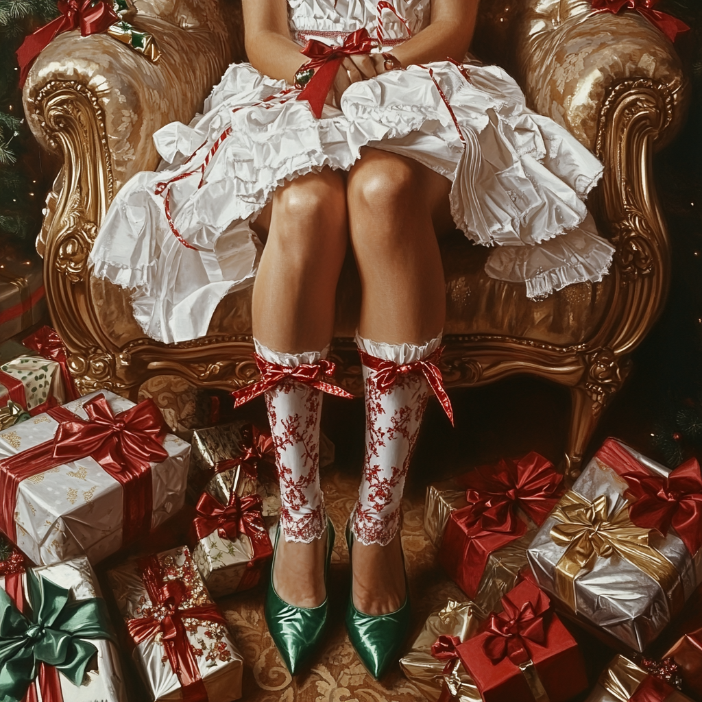 Woman in red and white stockings in chair