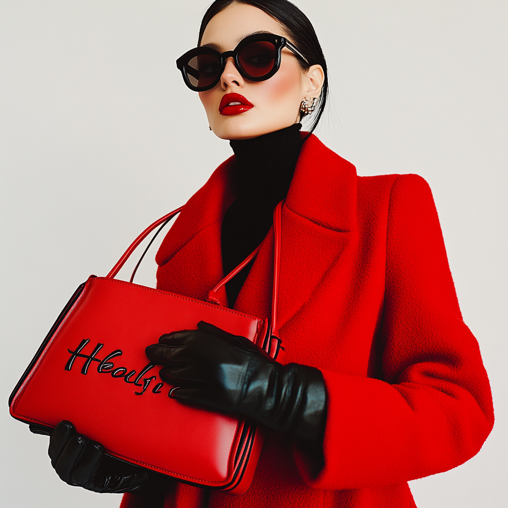 Woman in red coat and Heloise bag in fashion magazine.