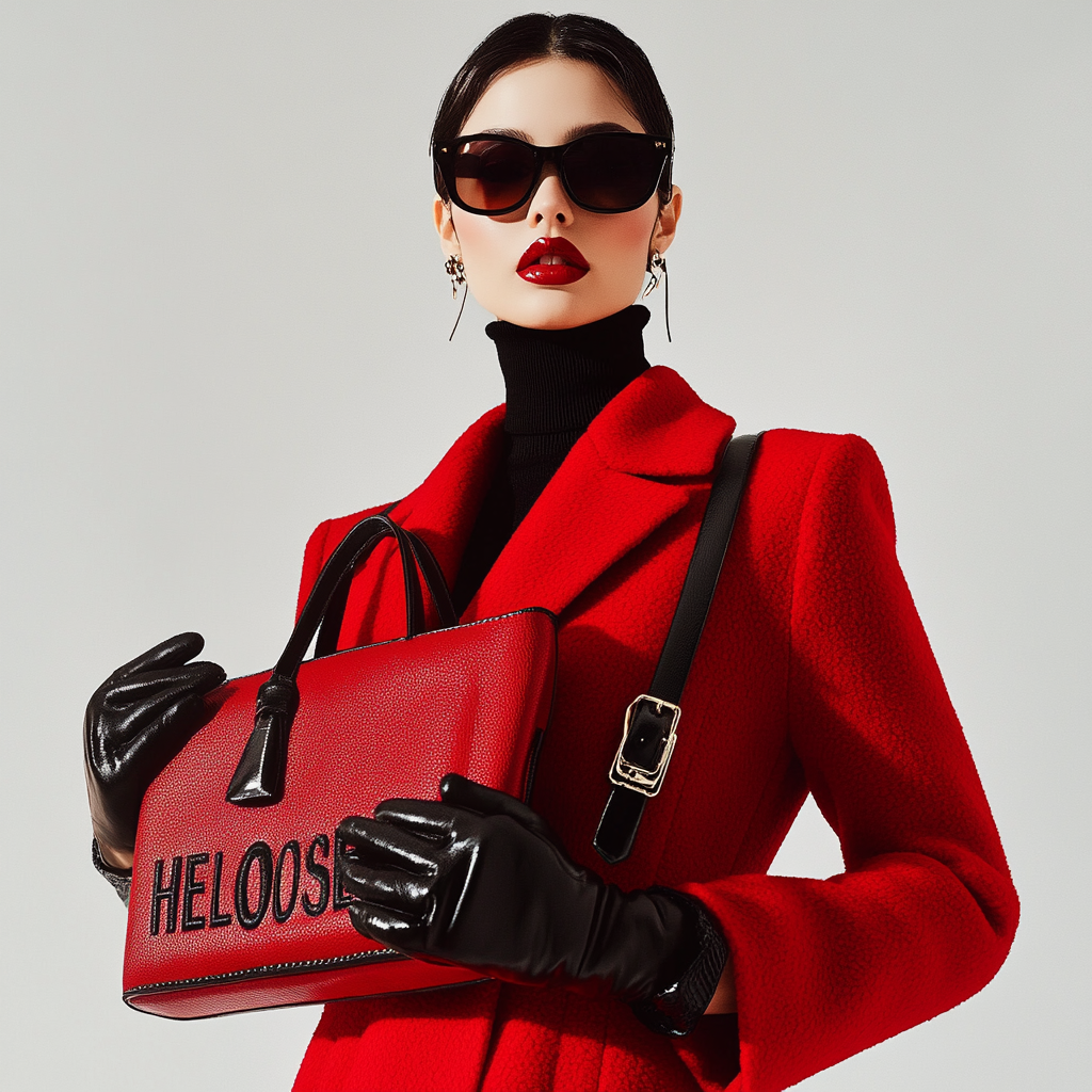 Woman in red coat with 'Heloise' bag, sunglasses, gloves.