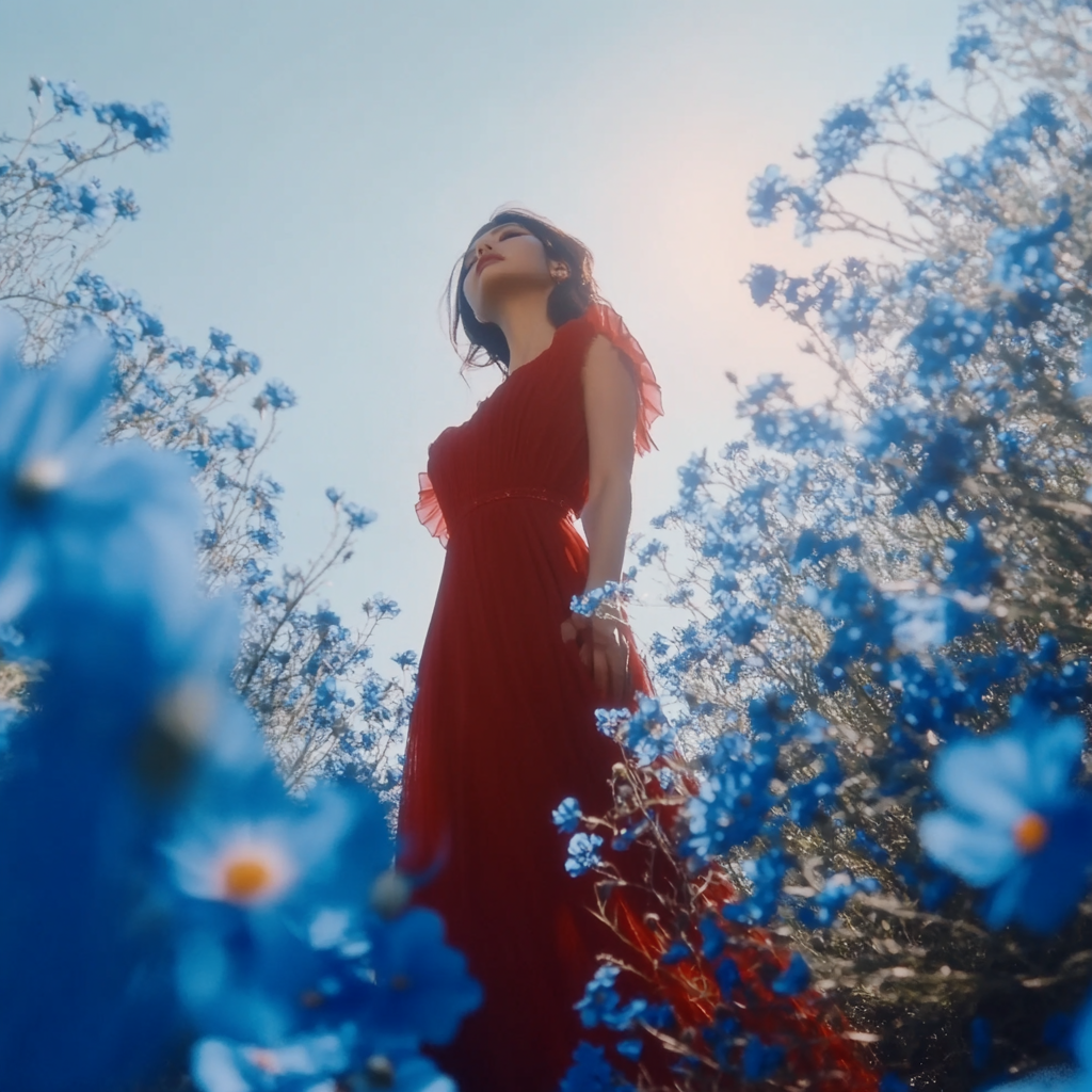 Woman in red dress surrounded by blue flowers