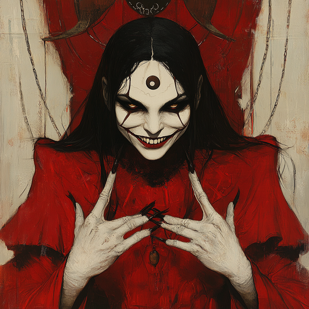 Woman in red robe with wide grin, third eye, claws, ghostship.