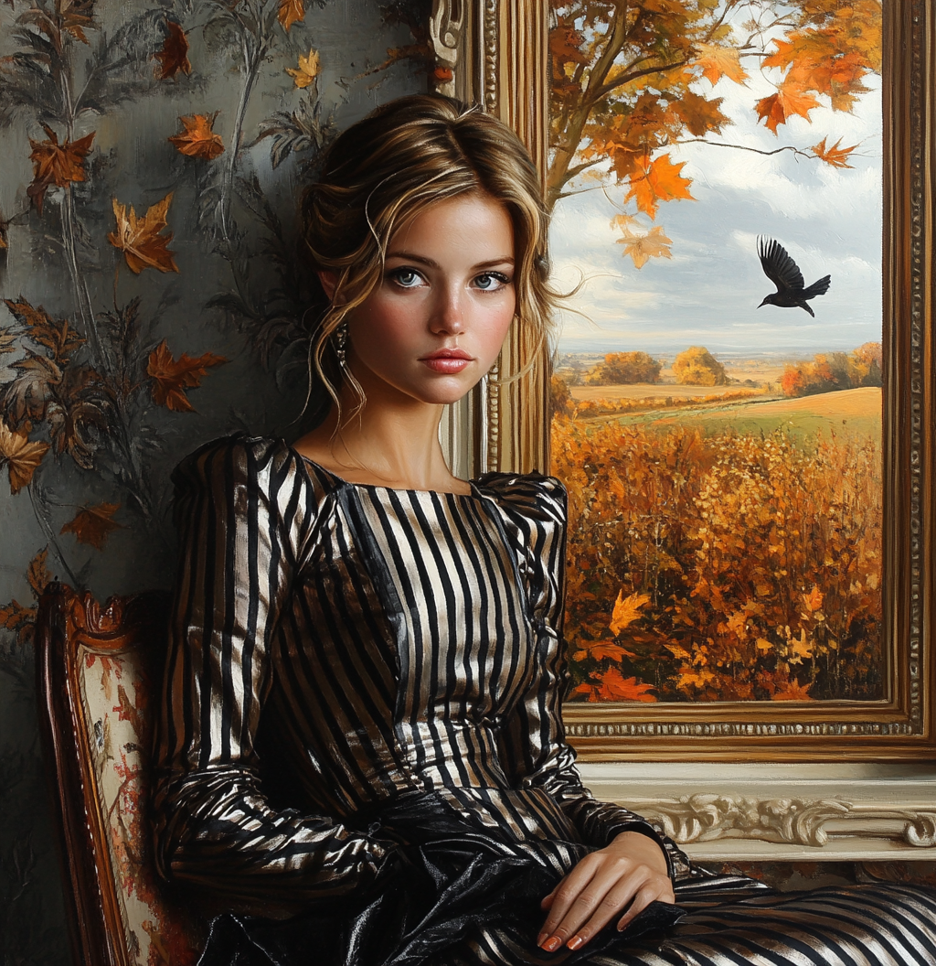 Woman in silk dress, autumn landscape, flying bird.