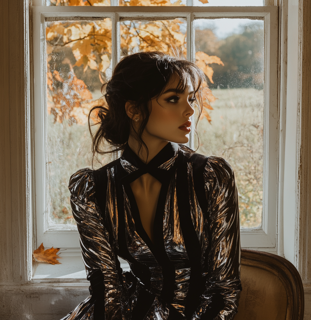 Woman in silk dress with black stripes sitting in autumn room.