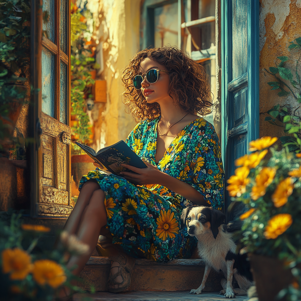 Woman in sunglasses reading on rustic home landing.