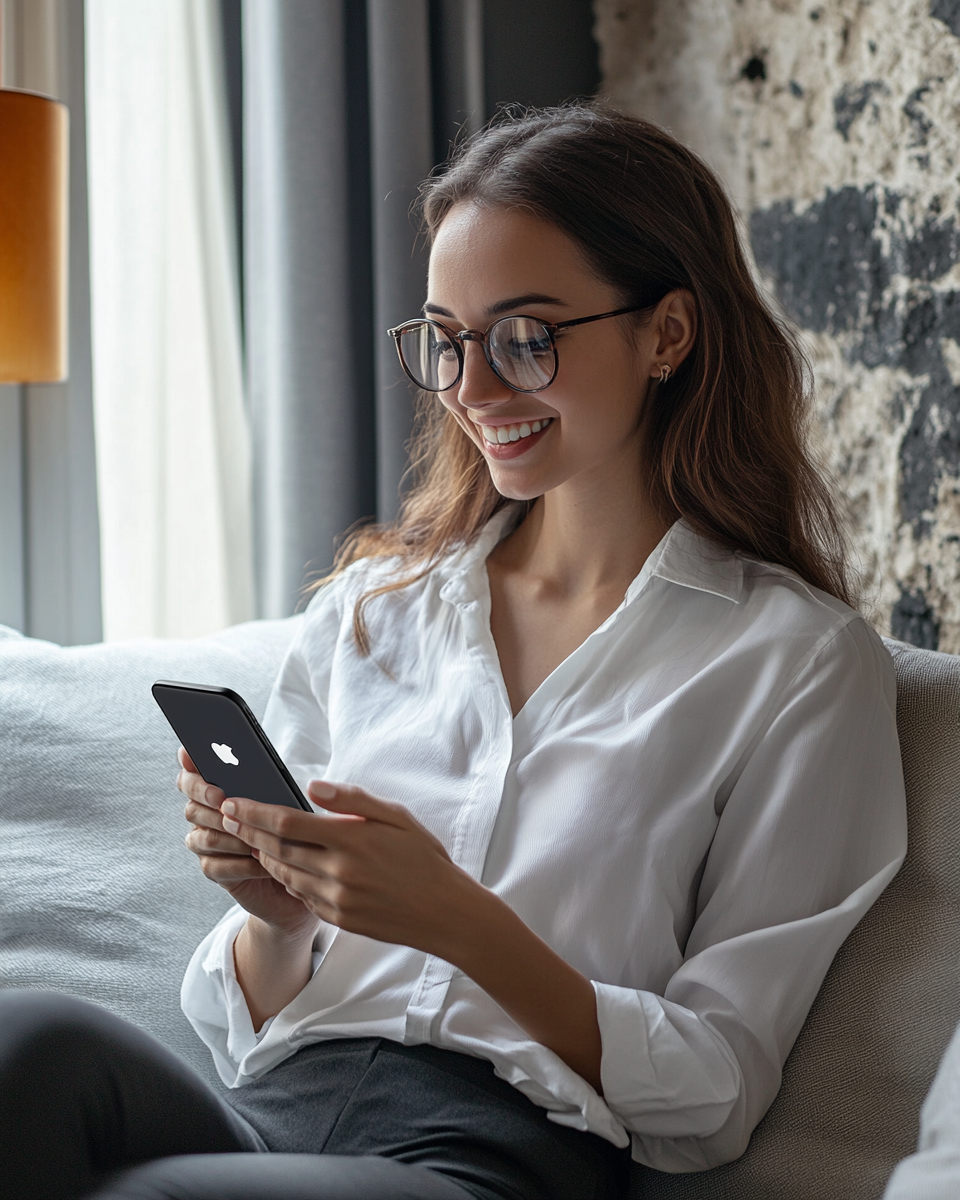 Woman in thirties downloading app on iPhone 15.