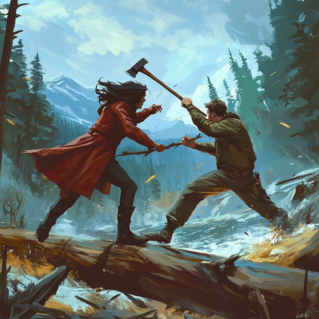 Woman in trenchcoat with staff fights lumberjack with axe.