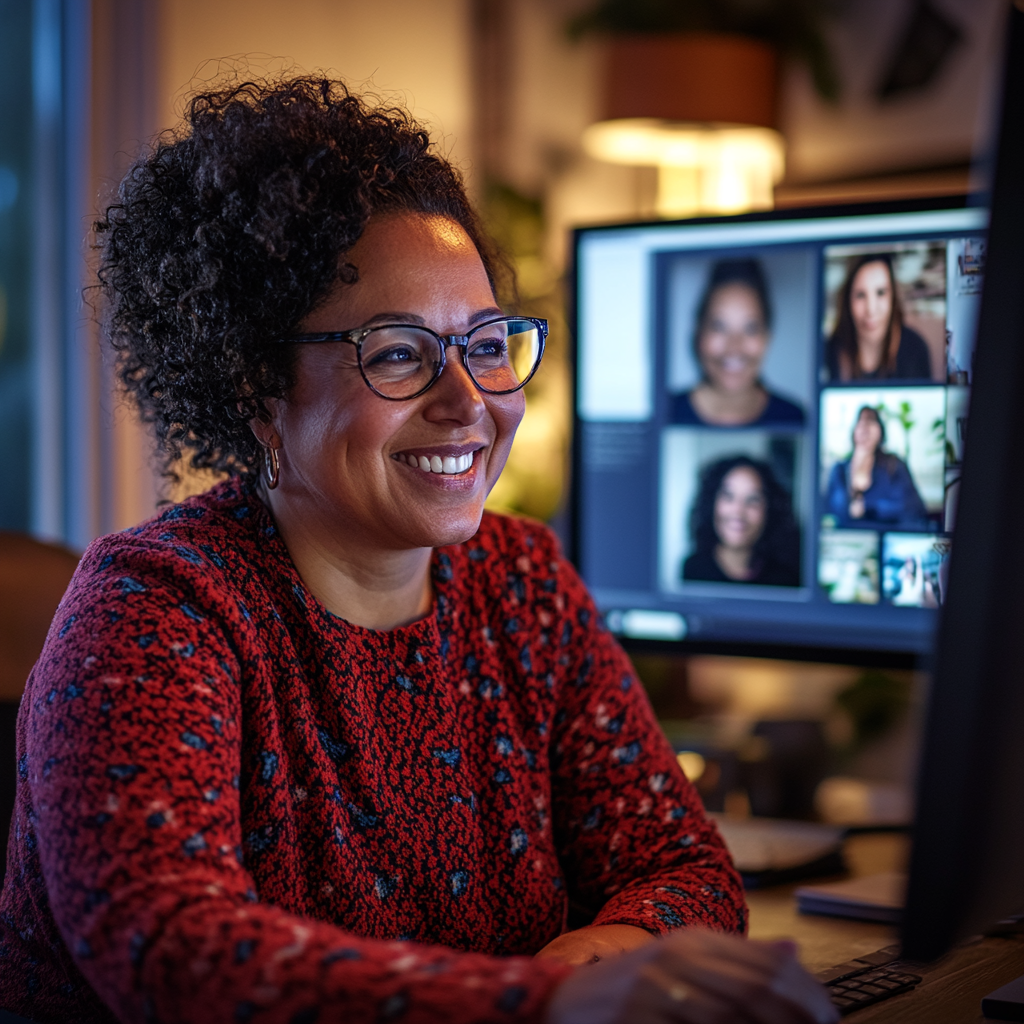 Woman in virtual meeting, smiling at screen with people.