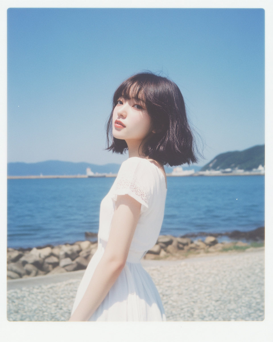 Woman in white dress standing on coast. looking back.