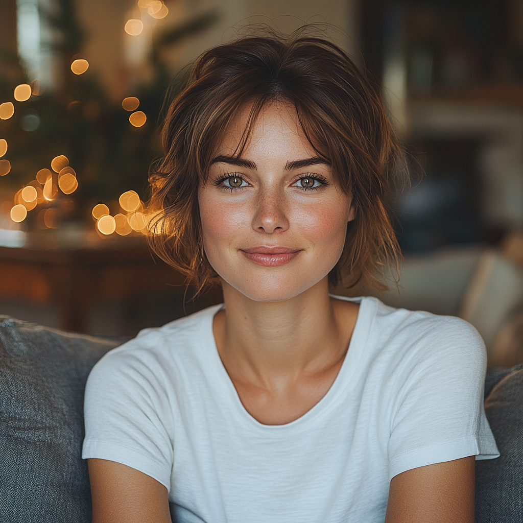 Woman in white sweatshirt relaxing on sofa, smiling at camera.