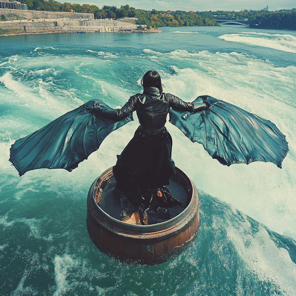 Woman in wingsuit prepares to jump off waterfall.